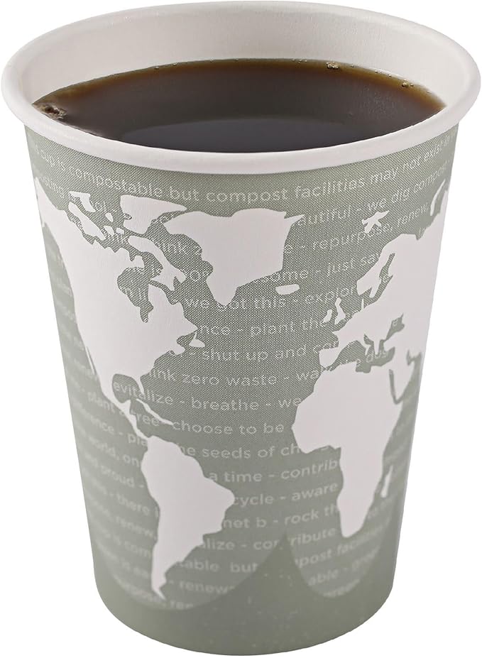 ECO PRODUCTS Compostable Disposable World Art 12oz Large Coffee Cups, Pack of 50, Renewable Hot Paper Cup, Plant Based PLA Lining, Color Coded