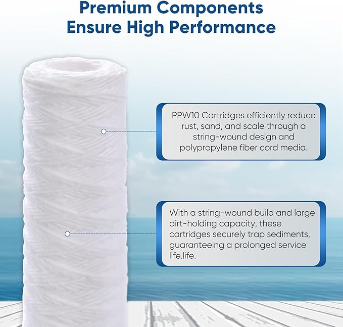 The 5 Micron 10" x 2.5" Whole House String Wound Sediment Filter is ideal for well water purification. It is a replacement cartridge for universal 10-inch RO systems