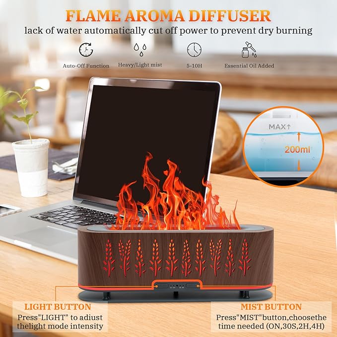 Essential Oil Diffusers, Flame Air Diffuser, 200ml Aromatherapy Diffuser with 2 Mist Mode 4 Timer Up & Waterless Auto-Off Protection for Bedroom Home, Office(Wheat-Dark Brown)