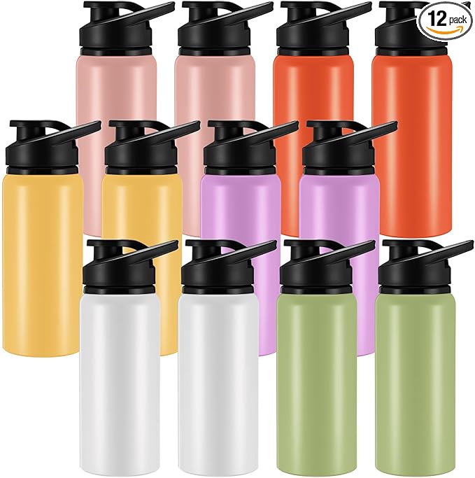 Domensi 12 Pack Aluminum Water Bottle Bulk Reusable Water Bottle, Lightweight Easy Carry Leakproof with Snap Lid Travel Bottles, for Gym Outdoor Sports Cycling Camping Fishing (17oz,Rainbow Colors)