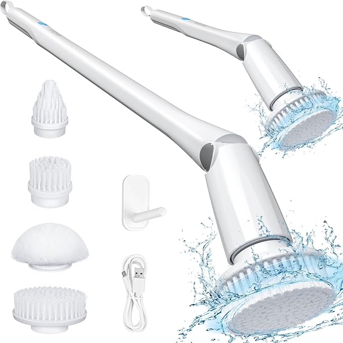 Electric Spin Scrubber, 360 Cordless Shower Scrubber, Electric Spin Cleaner with 4 Replaceable Shower Cleaning Brush Heads and 1 Extension Arm for Tub, Tile, Kitchen, Bathroom