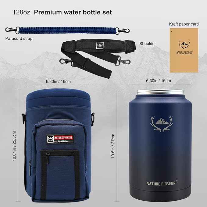 NATURE PIONEOR 1 Gallon Insulated Water Bottle - Double Vacuum Stainless Steel 128 oz Water Bottle with Holder/Carrier, Wide Mouth 1 gallon Water Jug for Outdoor Sports, Hiking, Camping, Gym