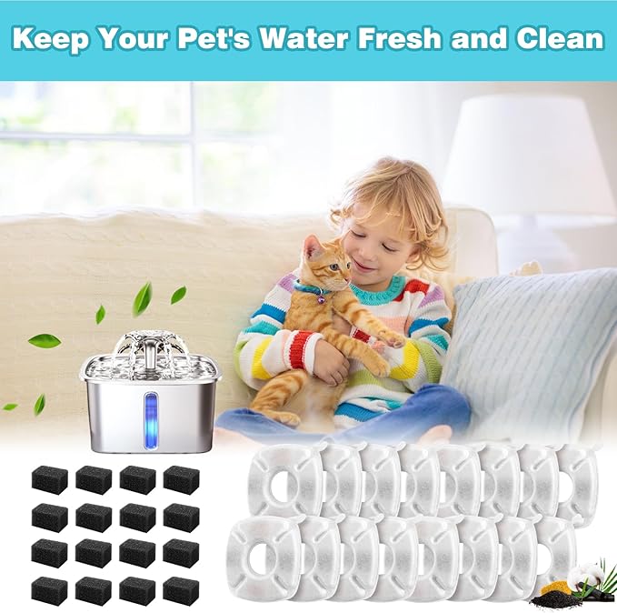 Cat Water Fountain Replacement Filter 32 Packs,16 Pack Filters & 16 Pack Pre-Filter Sponges Set for Pet Dispensers, Keeps Water Clean & Fresh, Compatible with Veken 95oz/67oz/135oz Dog Dispensers