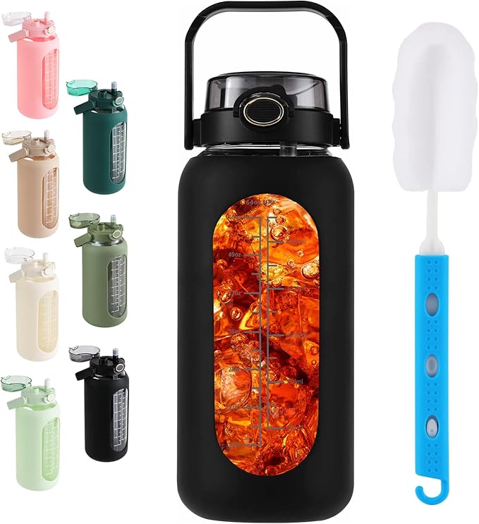 SIEROZUR 64 oz Glass Water Bottle with Straw and Handle Lid Half Gallon Motivational Glass Bottle with Silicone Sleeve and Time Marker Large Reusable Sports Water Jug for Gym Home Workout