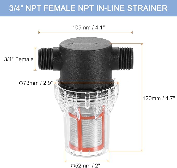 uxcell Pressure Washer Filter 3/4" NPT Female Thread, Inline Mesh Strainer Attachment, Outlet for Pipe Strainer, Stainless Steel Screen with Sealant Tape (Size:200 Mesh)