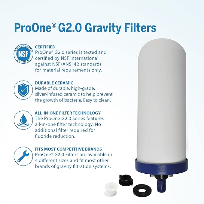 ProOne Big+ Gravity Water Filter System - High Capacity Countertop Stainless Steel Water Filter Dispenser - IAPMO Certified to Reduce Lead, Total PFAS, Microplastics, Chlorine Taste & Odor