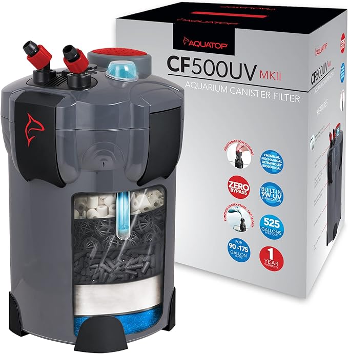 Aquatop 5-Stage Canister Filter with Vortex Prime, 9W UV, 525GPH Flow Rate, 55W Power, Up to 175 Gal – Including All Filtration Media, Great for Salt & Freshwater Tanks, UV for Crystal Clear Water