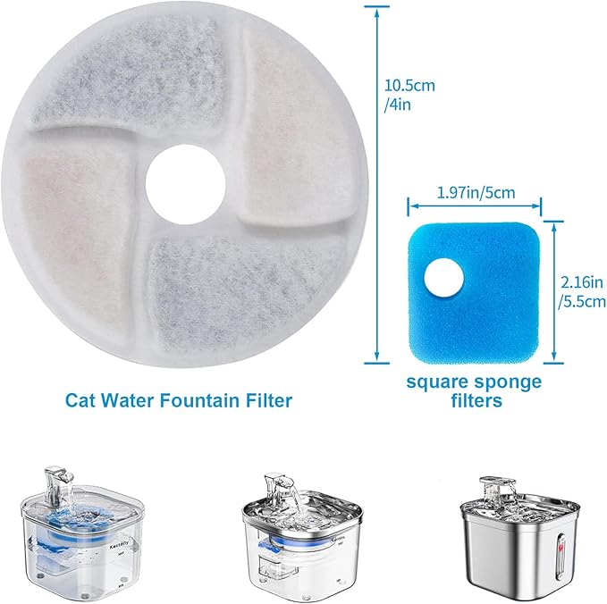 6 Pack Cat Water Fountain Filter, Diameter 4.1 Inch, Square Sponge Filters Apply to Automatic Pet Fountain Filter Replacement