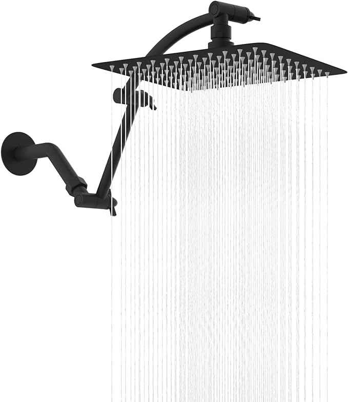 Hibbent All Metal cUPC Certified Rain Shower Head, 10'' High Pressure Rainfall Showerhead with 16" Shower Head Extension Arm, Solid Brass Adjustable Shower Arm Extender, fixed Showerheads, Matte Black