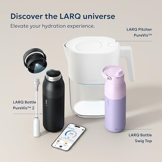LARQ Bottle Movement PureVis 24 oz - Lightweight Self-Cleaning and Non-Insulated Stainless Steel Water Bottle with UV Water Purifier | Reusable & Travel Friendly, Black/Onyx