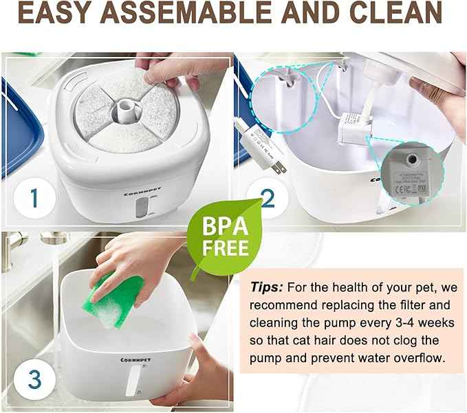 Cat Water Fountain 2.2L with 3 Filters and 1 Mat, Dual Flow Modes Dog Water Fountain with Ultra Silent and Auto Stopping for Small Kitty Cats and Dogs - White