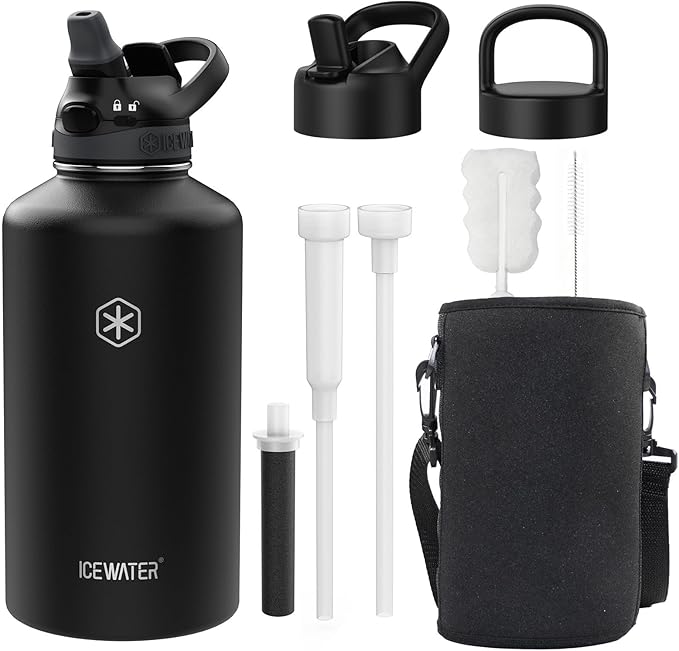 ICEWATER 64 oz Versatile Water Bottle with 3 Lids (Filtered Straw Option Reduces Chlorine Taste & Odor, Ideal for Travel), Triple Wall Vacuum Stainless Steel Insulated Half Gallon Large Jug, BPA-Free
