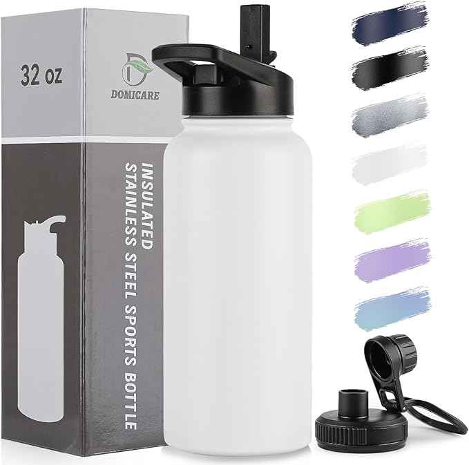 DOMICARE 32 oz Insulated Water Bottle, Vacuum Insulated Stainless Steel Sports Water Bottle with Straw Lid & Spout Lid, Leakproof, Reusable - Travel, Camping, Bike, White