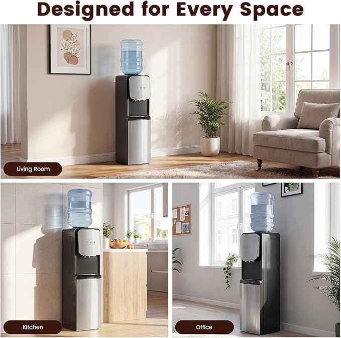 4 in 1 Water Cooler Dispenser with Ice Maker, Hot & Cold Water Dispenser for Home & Office, 33lbs/24H Bullet Ice, Top Loading 3-5 Gallon, Child Safety Lock, Ice Ready in 7 Min (Black -Silver)
