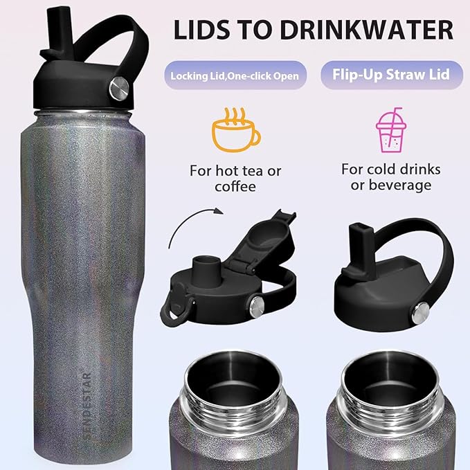 SENDESTAR Water Bottle,Wide Mouth Stainless Steel Vacuum Insulated Double Wall Keep Liquids Cold or Hot All Day,Sweat Proof Sport Design,Fit Car Cup Holder,Laser Grey,32 Ounces