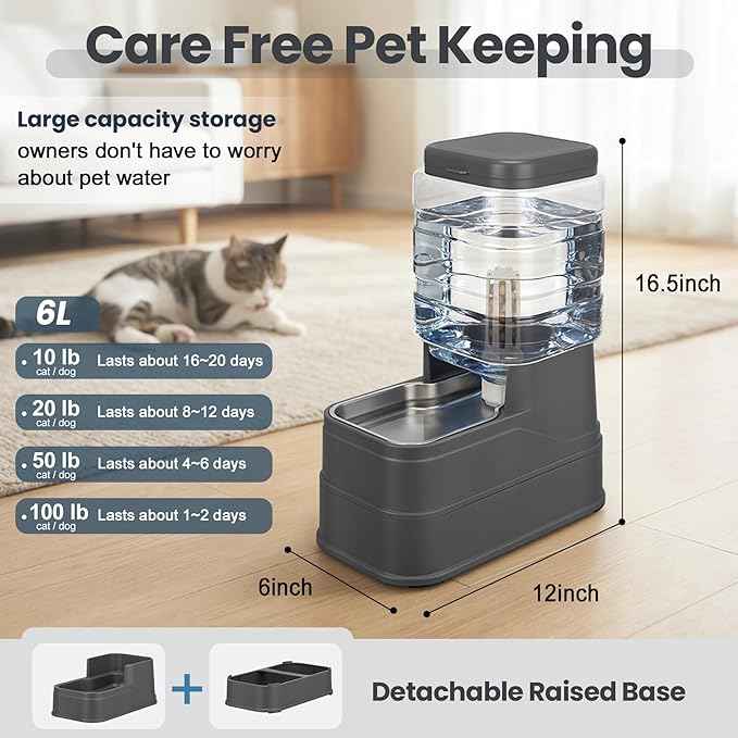 Automatic Dog Water Dispenser Gravity Stainless Steel Water Feeder Cat Waterer Feeder with Wide Mouth Bowl for Small Medium Dog Puppy Kitten (Filter &Ice Pack Included) 1.6Gallon Gray
