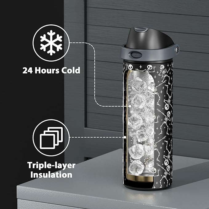 24 oz Insulated Water Bottle with Straw: Meoky Stainless Steel Water Bottle with 2-in-1 Straw Lid - Leak Proof, Cold for 24 Hours, Protective Silicone Base, BPA-Free for Travel Gym, Pop Skull