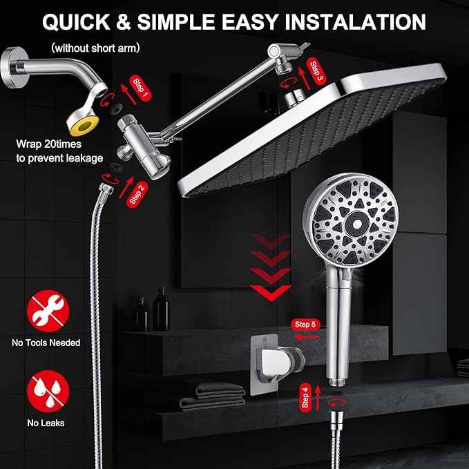 Dual shower Head with Handheld and Filter-14'' Rainfall ShowerHead,High Pressure Handheld Shower Head with Filters for Hard Water,7Spray with Power Wash,3-Way Setting for Couple Bathroom