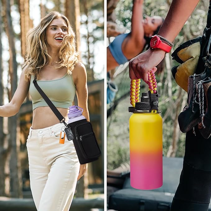 32oz/40oz/64oz Insulated Water Bottles - with Straw & Flip Auto Lid, Stainless Steel Water Bottle Shoulder Carrier Bag, Silicone Boot, BPA-Free Metal Water Bottle with Handle Paracord