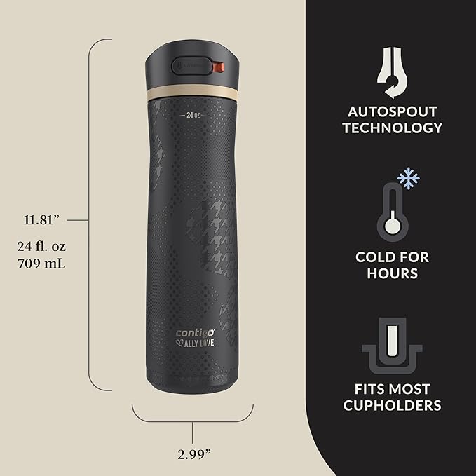 Contigo x Ally Love Ashland Chill 2.0, Stainless Steel, Spill Proof Water Bottle with AutoPop Easy Lean Lid, BPA Free, 24oz, Licorice