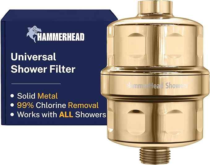 HammerHead Showers® Solid Metal Shower Head Filter – KDF 55 Shower Filter, High Pressure Universal Shower Filters to Remove Toxic Chemicals – Removes Chlorine and Heavy Metals – Polished Brass