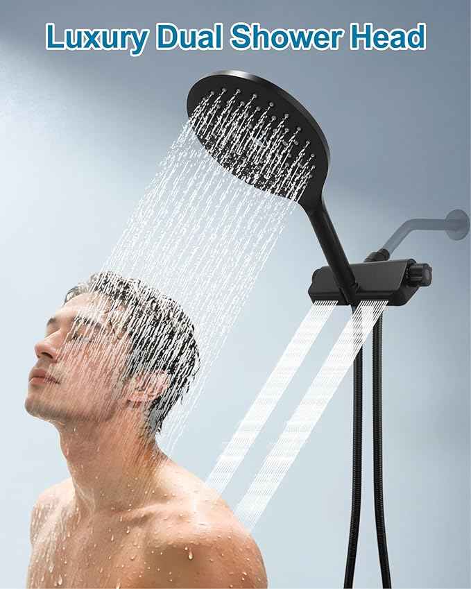 Handheld Shower Head with Filter High Pressure 2-in-1 Dual Spa System 7.5" Rainfall Filtered Showerhead Water Softener Filters for Hard Water 59" Stainless Steel Hose Matte Black