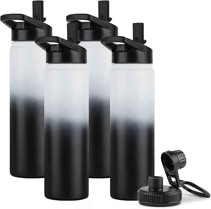 DOMICARE Insulated Water Bottle, 22 oz Vacuum Insulated Stainless Steel Reusable Sports Bottle with Straw Lid & Spout Lid for Travel, Camping, Bike, Leakproof, Black/White, 4 Pack