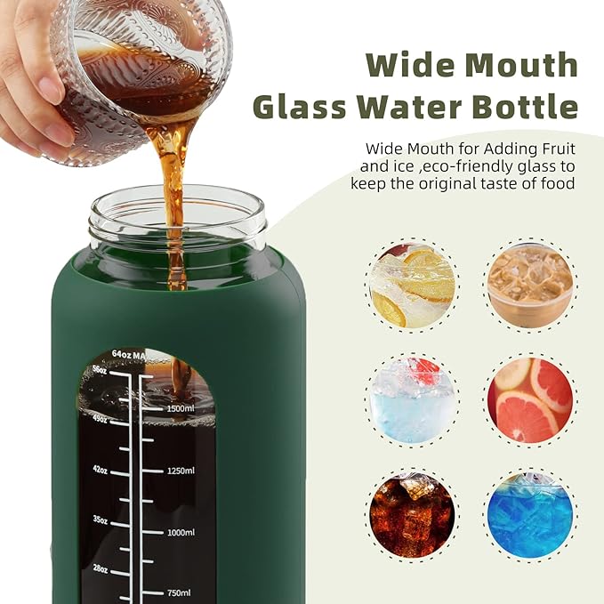 SIEROZUR 64 oz Glass Water Bottle with Straw and Handle Lid Half Gallon Motivational Glass Bottle with Silicone Sleeve and Time Marker Large Reusable Sports Water Jug for Gym Home Workout