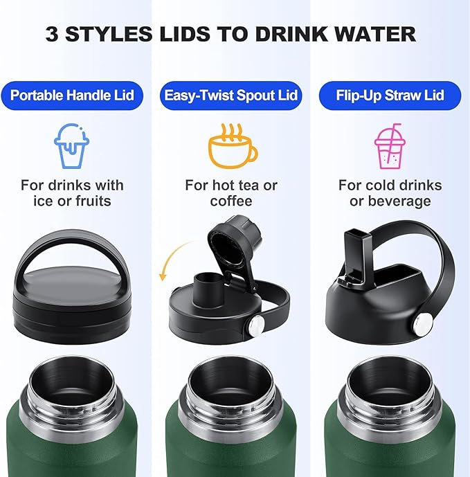 SENDESTAR Water Bottle,Wide Mouth Stainless Steel Vacuum Insulated Double Wall Keep Liquids Cold or Hot All Day,Sweat Proof Sport Design,Fit Car Cup Holder,Dark Green,40 Ounces