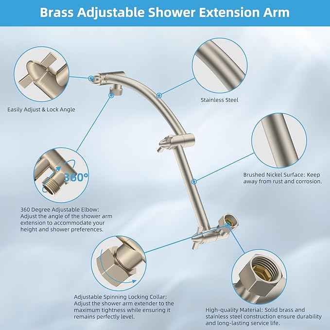 Hibbent All Metal cUPC Certified Rain Shower Head, 12'' High Pressure Rainfall Showerhead with 16" Shower Head Extension Arm, Brass Adjustable Shower Arm Extender, fixed Showerheads, Brushed Nickel