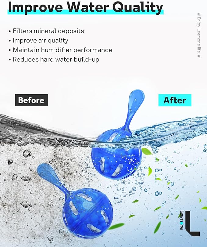 Leemone Humidifier Cleaner 6 Pack, Demineralization Cleaning Ball, Works in All humidifiers and Fish Tanks, Purifies Water, Prevents Hard Water Build-Up, Eliminates White Dust and Odor