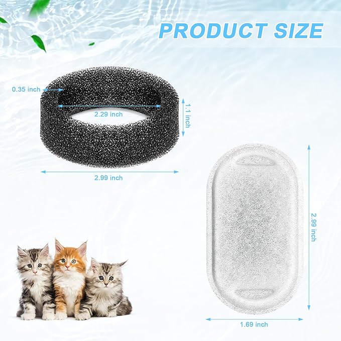 Cat Water Fountain Filter, 4 Pcs Cat Filters Replacement Pet Water Fountain Filters with 4 Pcs Sponges Foam for 67oz/2L & 108oz/3.2L Stainless Steel Automatic Cat Water Fountain Dispenser Filters