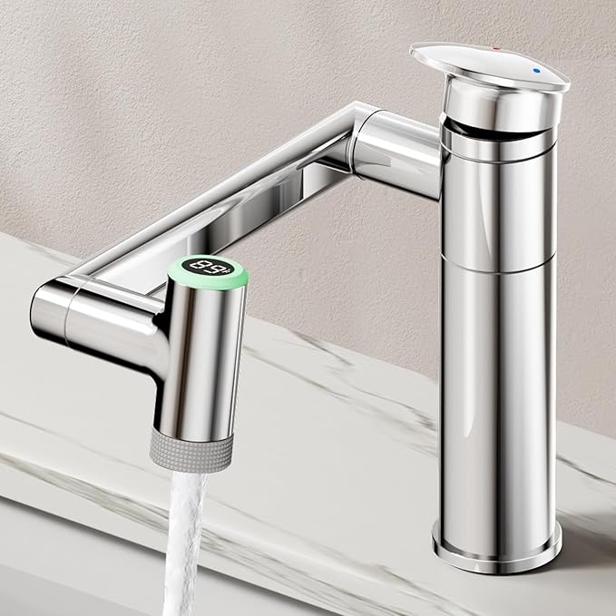 HOWUWEY Chrome Rotatable Single Hole Bathroom Vanity Faucet with Temperature Display & HOWUWEY Chrome Filtered Dual Shower Head with Handheld Spray Combo for Hard Water