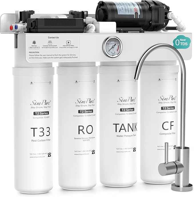 SimPure T2-600T Reverse Osmosis Water Filter System, Clear Water Near 0 TDS, NSF/ANSI 58 Certified, Built-in Pressure Tank Filter, UV, 600 GPD 8 Stage RO Filtration 2:1 Pure to Drain Ratio
