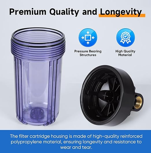 PUREPLUS 2-Stage Whole House Water Filtration System – 10" x 4.5" Universal Clear Housing, NSF/ANSI 42 Certified Filters, 1” Inlet/Outlet, Pressure Gauges – Reduces Chlorine, Odor, Sediment & Rust