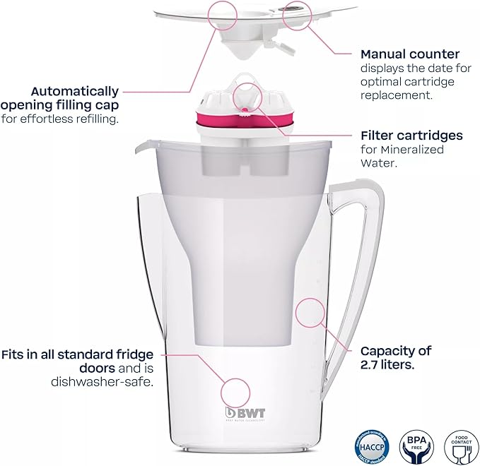 BWT AQUAlizer Home, 2.7 Liter, Water Mineralizer & Filtration Jug - Includes 1 Magnesium Enricher Cartridge, for Tea & Coffee Water, Prevents limescale, removes Lead & Chlorine, White