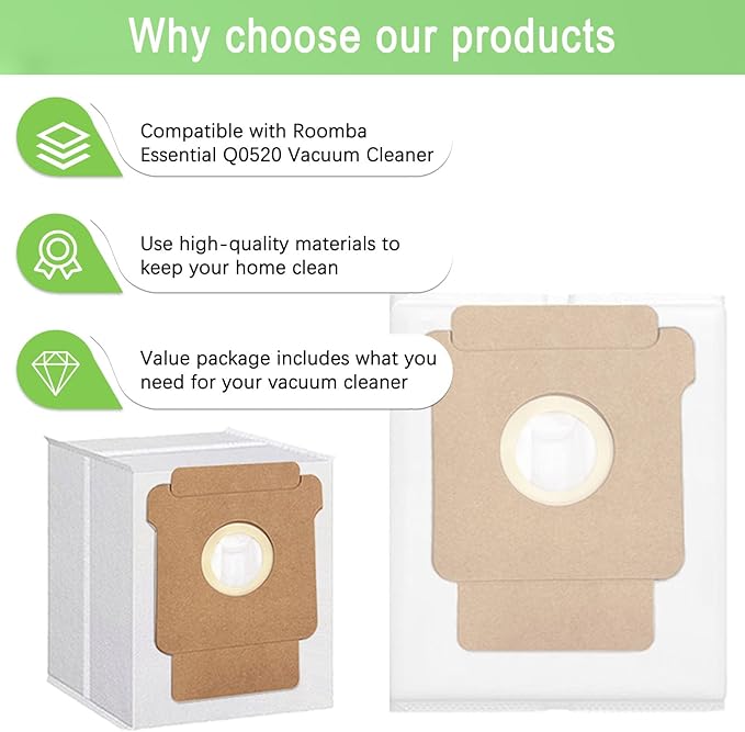 12 Pack Q0520 Vacuum Bags for iRobot Roomba Vacuum 2 Q0520 Essential Robot Vacuum Cleaner,Roomba 105 Combo/Vac,Plus 405 404 505 Combo Max 705 Vac,Max 705 Combo Robot,Disposable Auto-Empty Dust Bin Bag - AquaVibe