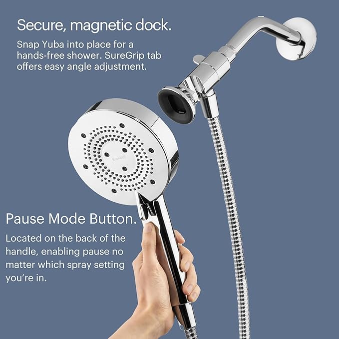 Brondell Nebia Yuba HaloNetic Double Dock Magnetic Handheld Shower Head, 60" Stainless Steel Hose, 5-Setting, Matte Gold