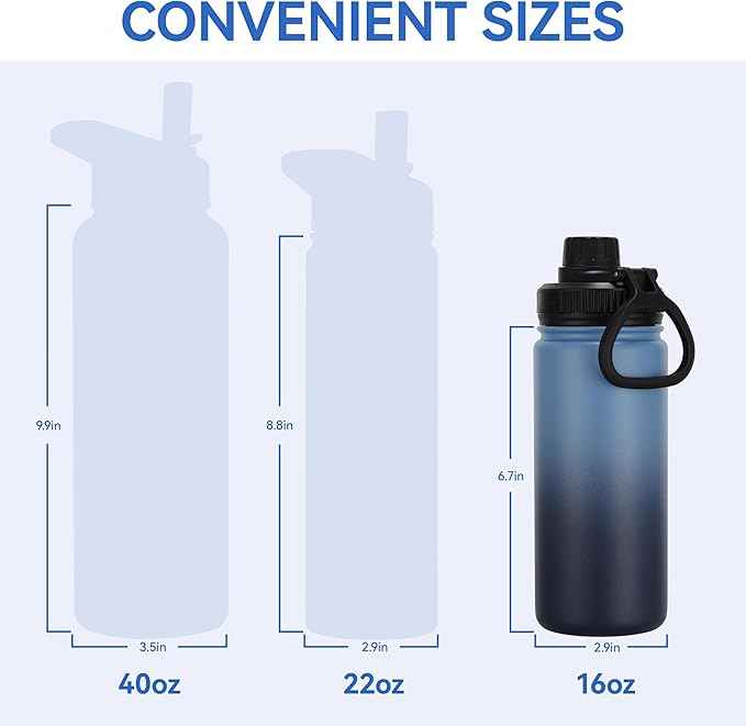 DOMICARE 16 oz Water Bottle Stainless Steel Double Wall Vacuum Insulated Water Bottle with Straw lids & Spout Lid, Leakproof