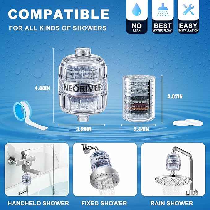 Shower Filter, Improves Skin and Hair Texture, Softens Hard Water, 15 Layers Filter to Reduce Chemicals, Removes Chlorine and Harmful Substances