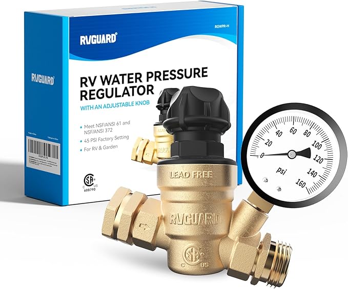RVGUARD RV Water Pressure Regulator Valve With An Adjustable Knob, Tool-Free, CSA Approved, Lead-Free Brass Water Pressure Reducer with Gauge and Inlet Screen Filter for RV Camper Travel Trailer