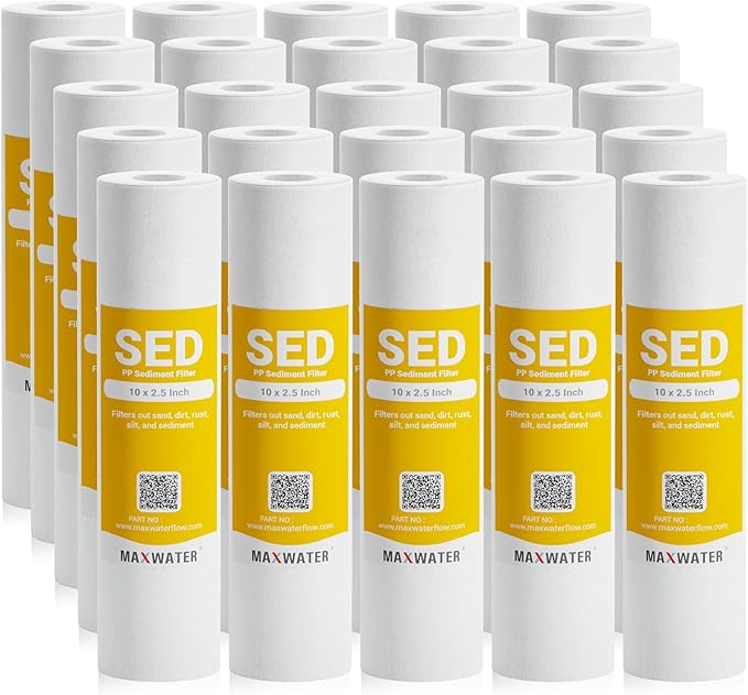 Max Water 1 Micron 10 x 2.5 Sediment Filter Cartridge Replacement for Reverse Osmosis and Whole House Water Filter, Compatible with Well Water Filters - P5, AP110, WHKF-GD05, WFPFC5002 (25 Pack)