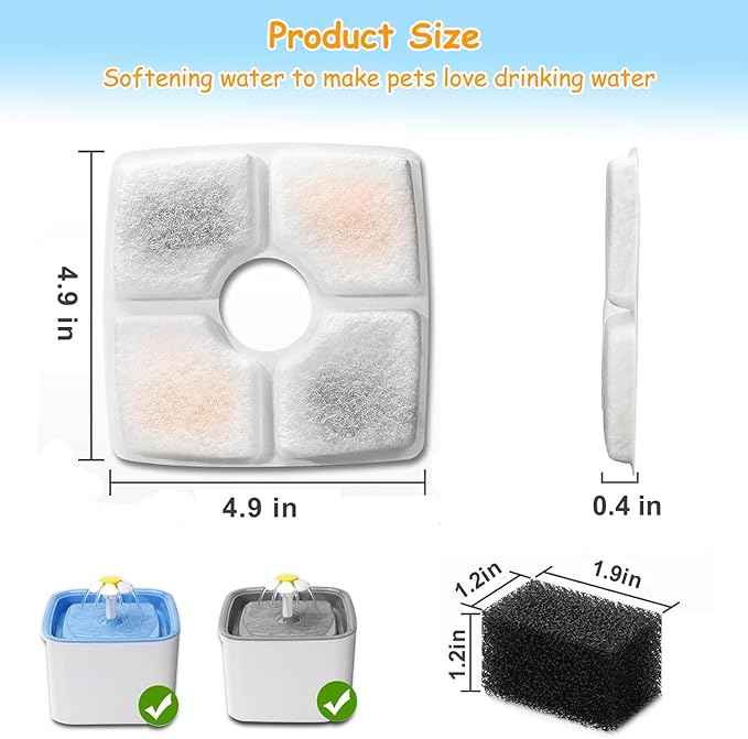 12 Pack Replacement Filters & 12 Pack Pre-Filter Sponges for Veken 84 oz / 2.5L Automatic Pet Water Fountain, Triple Filtration Cat Fountain Replacement Filter