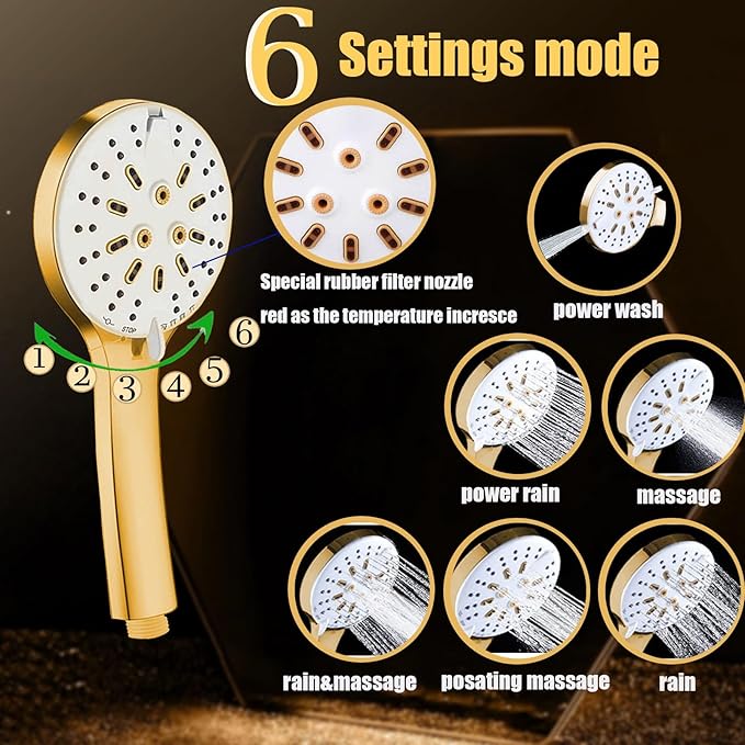 Shower Head, 8" High Pressure Rain shower head with Handheld Spray Combo, 6 Settings Handheld with 78" Anti-leak Hose, 11" Adjustable Extension Arm, Ultra Thin Water Saving, Gold, AWAXFOLO