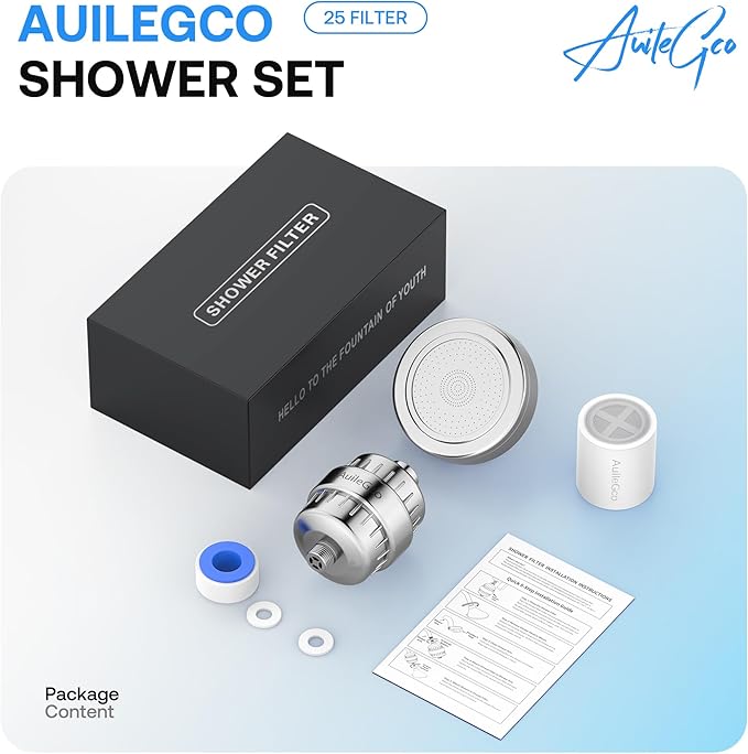 25+3 Stage AuileGco High-Output Filtered Shower Head Set-Shower Filter for Hard Water, Heavy Metals, Chlorine and Harmful Substance