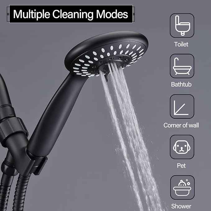 Shower Head with Handheld, Briout 5-Settings Showerhead High Pressure Powerful Water Spray Shower Head with Stainless Steel Hose and Adjustable Mount, Matte Black