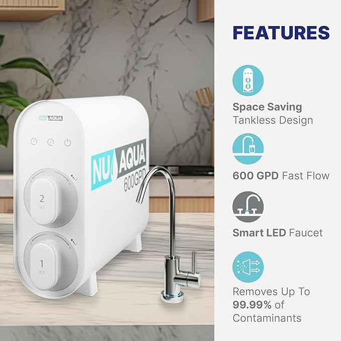 NU Aqua Tankless Reverse Osmosis System - 4 Stage UV Under Sink Reverse Osmosis Water Filter System - 2:1 - Counter top Smart Faucet - 600 GPD Tankless Ro Water Filtration System Under Sink
