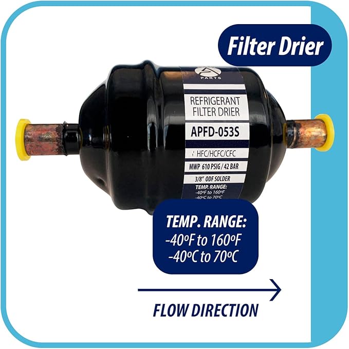 Appli Parts APFD-053S 3/8 in Liquid Line Refrigerant AC Filter Drier hvac Refrigeration 053S ODF Sweat Solder connection universal unidirectional 4-1/2 in long 2 in wide