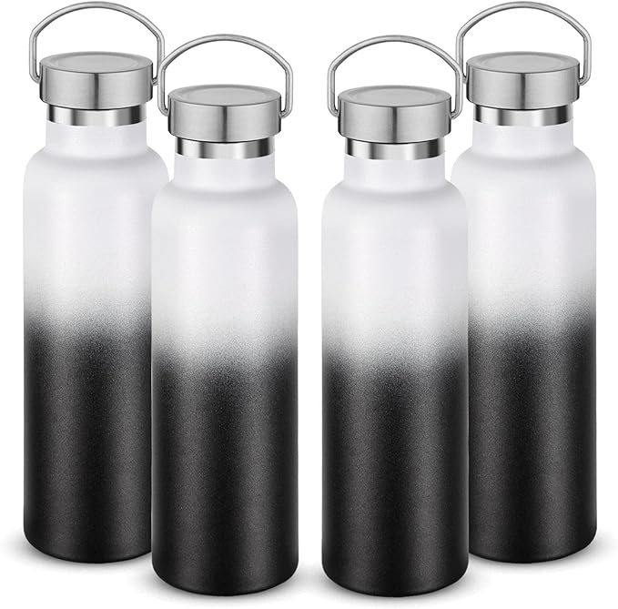 Neihepal 20 oz Insulated Water Bottles Bulk 4 Pack,Stainless Steel Double Wall Sport Bottle with Lid of Handle,Metal Reusable Thermoses Flask for School,Cyclists,Hikers,Gift (White-Black,Set of 4)