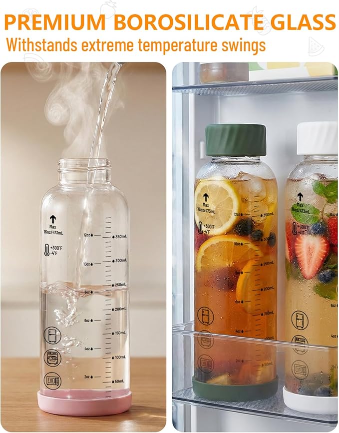 Zukro Glass Water Bottles 12 oz - 4 Pack Heat-resistant Borosilicate Small Juice Bottles with Stainless Steel Lids for Juicing, Protein, Milk, Smoothies - Reusable & Airtight Leak proof, BPA Free